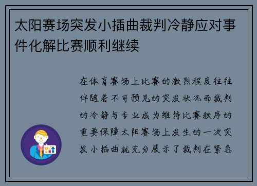 太阳赛场突发小插曲裁判冷静应对事件化解比赛顺利继续